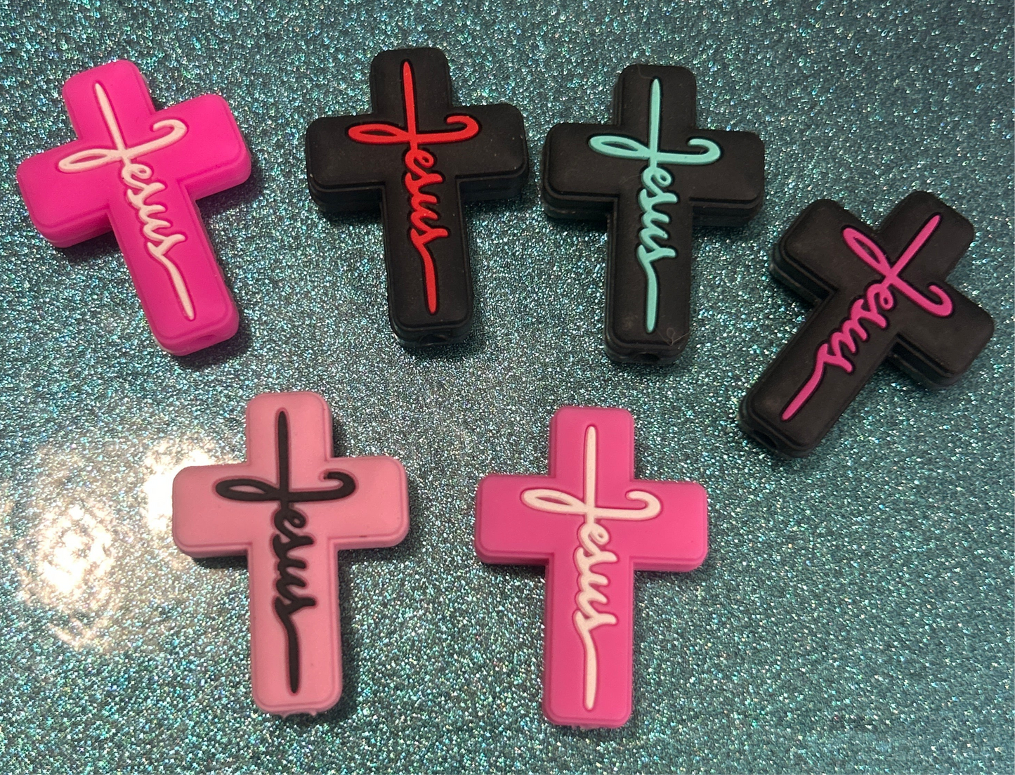 Cross w/ Jesus text - Silicone Focal Bead