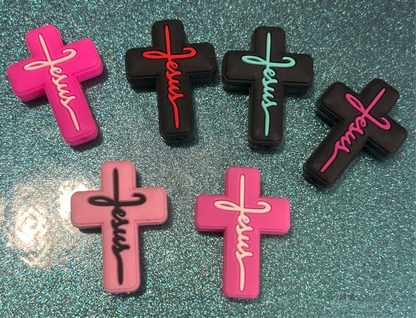 Cross w/ Jesus text - Silicone Focal Bead