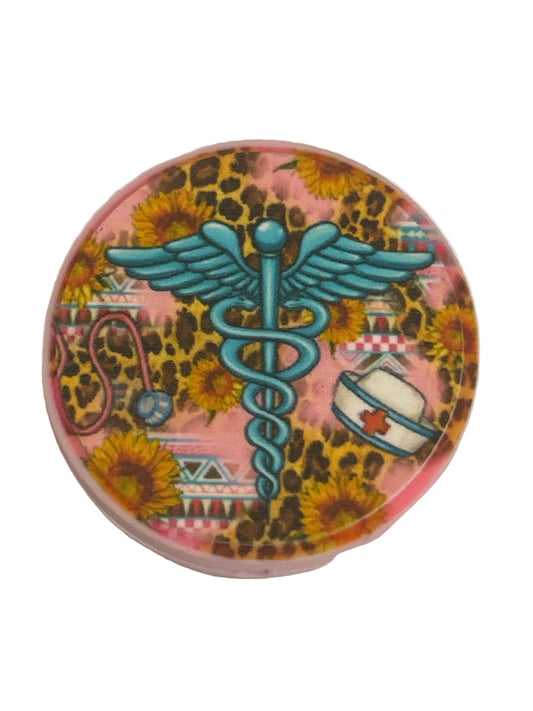 Medical caduceus symbol, sunflowers, and leopard print pattern