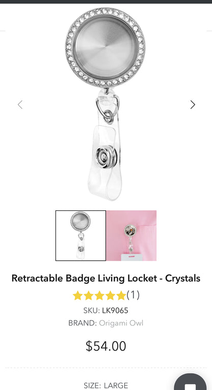 Retractable Badge Living Locket - Crystals - Large Face -Origami Owl