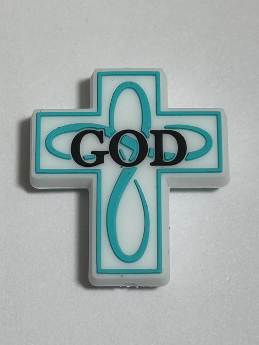 Cross with “GOD” teal Silicone Focal Bead