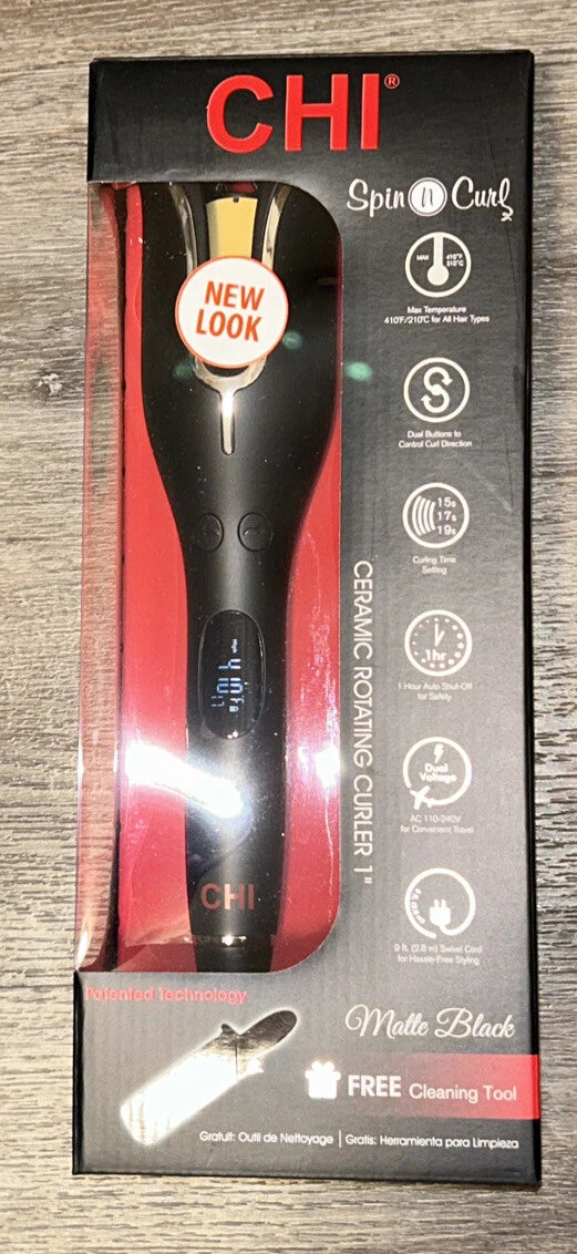 CHI Spin N Curl Matte Black Ceramic Rotating Hair Curler 1" W/Bonus